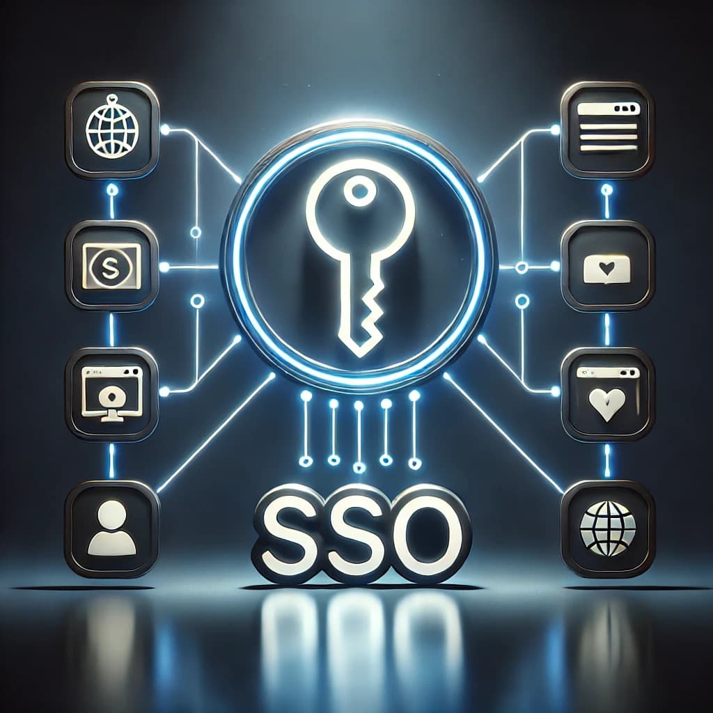Single Sign-On (SSO) concept with a digital key and connected app icons.